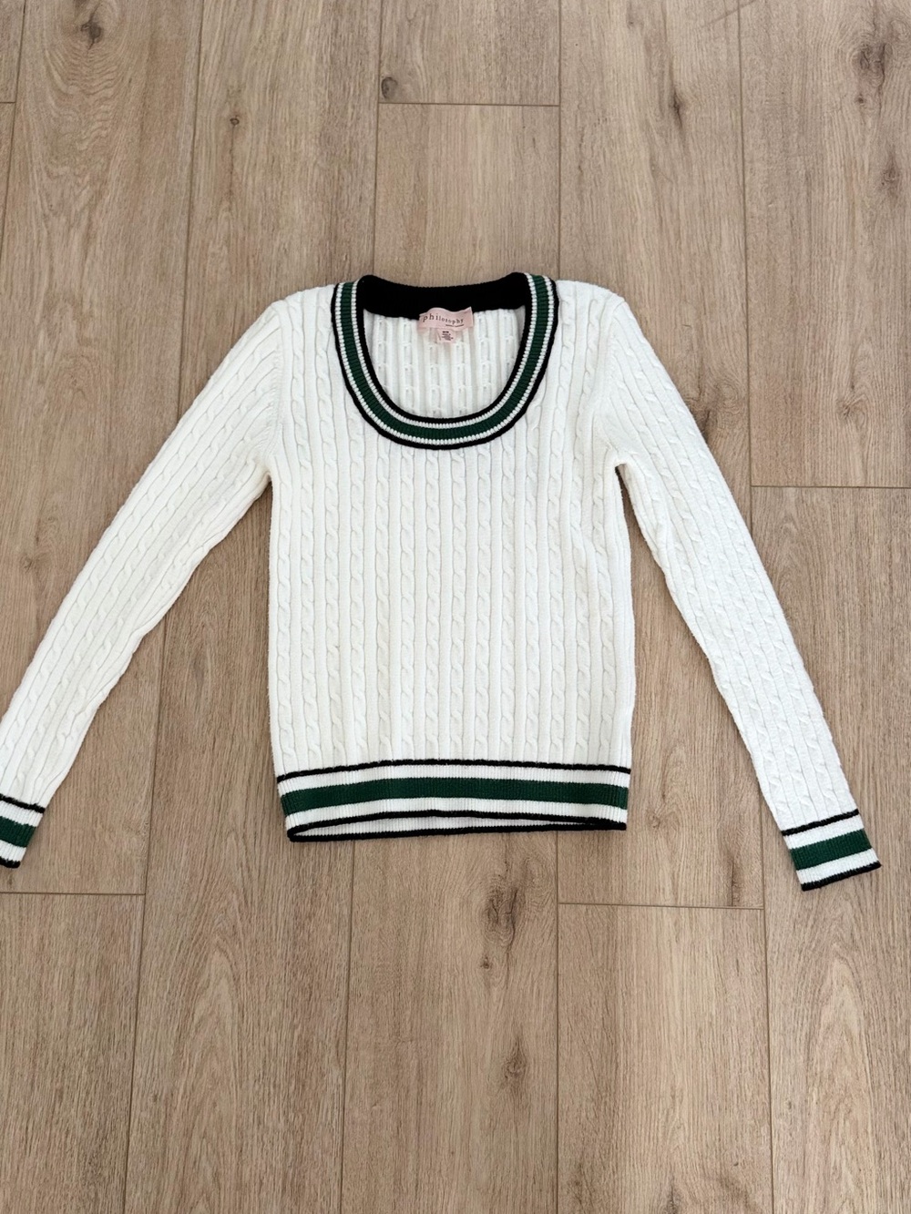 Philosophy White Cable-Knit Sweater with Green & Black Stripe Trim